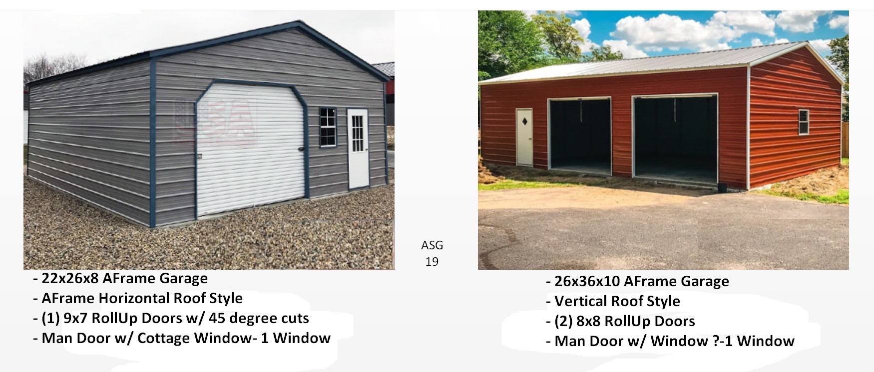 2 photos steel garages usa 22x26x8 and 26x36x10